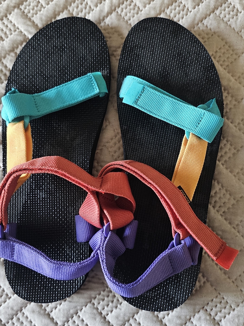 Teva Kids Black Sandals with Teal, Yellow, Coral, and Purple Straps